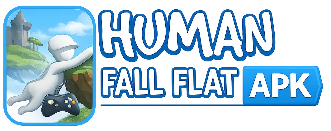 Human Fall Flat APK logo featuring the Bob character hanging from a cliff with the Human Fall Flat APK text on a transparent background.