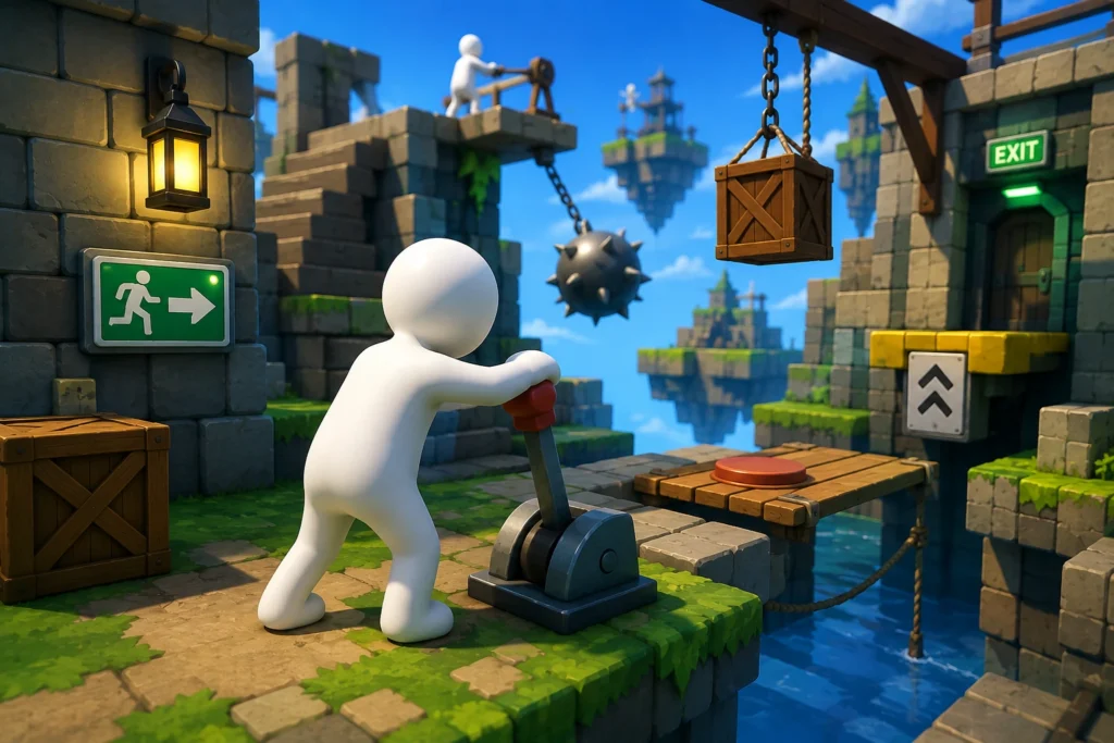Human Fall Flat PC Download v2.6 (Emulator) - Play and Enjoy 3 Human Fall Flat player pulling a lever to solve a challenging puzzle and unlock the path to the next level.