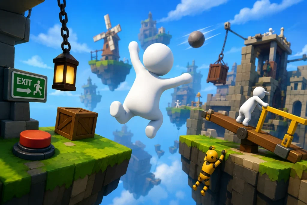 Human Fall Flat PC Download v2.6 (Emulator) - Play and Enjoy 2 Human Fall Flat player jumping across floating platforms while enjoying fun physics-based gameplay in a colorful adventure world.