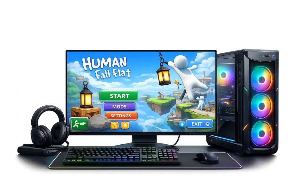 Human Fall Flat PC Download v2.6 (Emulator) - Play and Enjoy 1 Human Fall Flat running on a gaming PC with a widescreen monitor displaying gameplay, alongside an RGB keyboard, gaming mouse, headphones, and desktop computer.