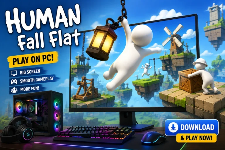 Human Fall Flat PC Download v2.6 (Emulator) - Play and Enjoy 2 Human Fall Flat PC featured image showing exciting gameplay on a gaming computer with Bob swinging through colorful floating islands and a Download Now button.