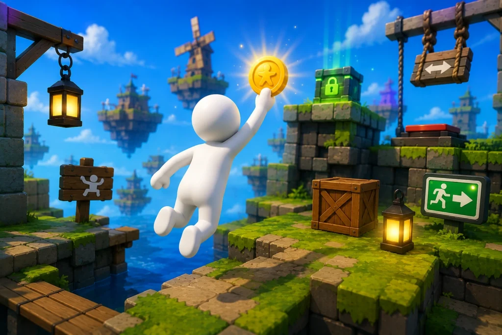 Human Fall Flat PC Download v2.6 (Emulator) - Play and Enjoy 4 Human Fall Flat player collecting useful items and rewards while exploring colorful floating islands during gameplay.