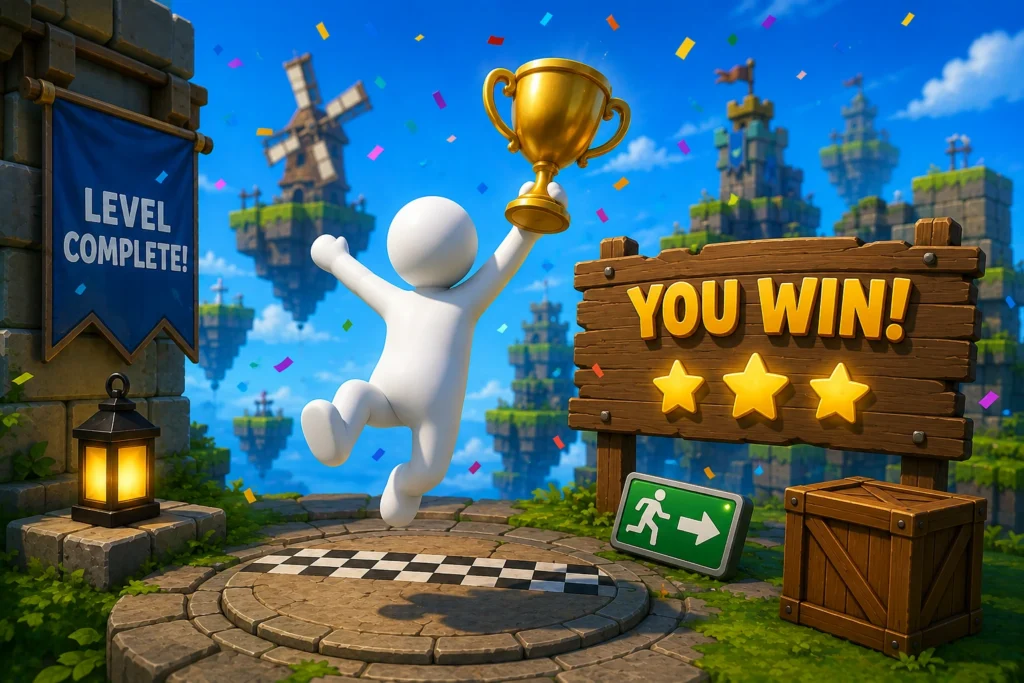 Human Fall Flat PC Download v2.6 (Emulator) - Play and Enjoy 5 Human Fall Flat player celebrating victory after completing the final level with a trophy, confetti, and Level Complete screen.