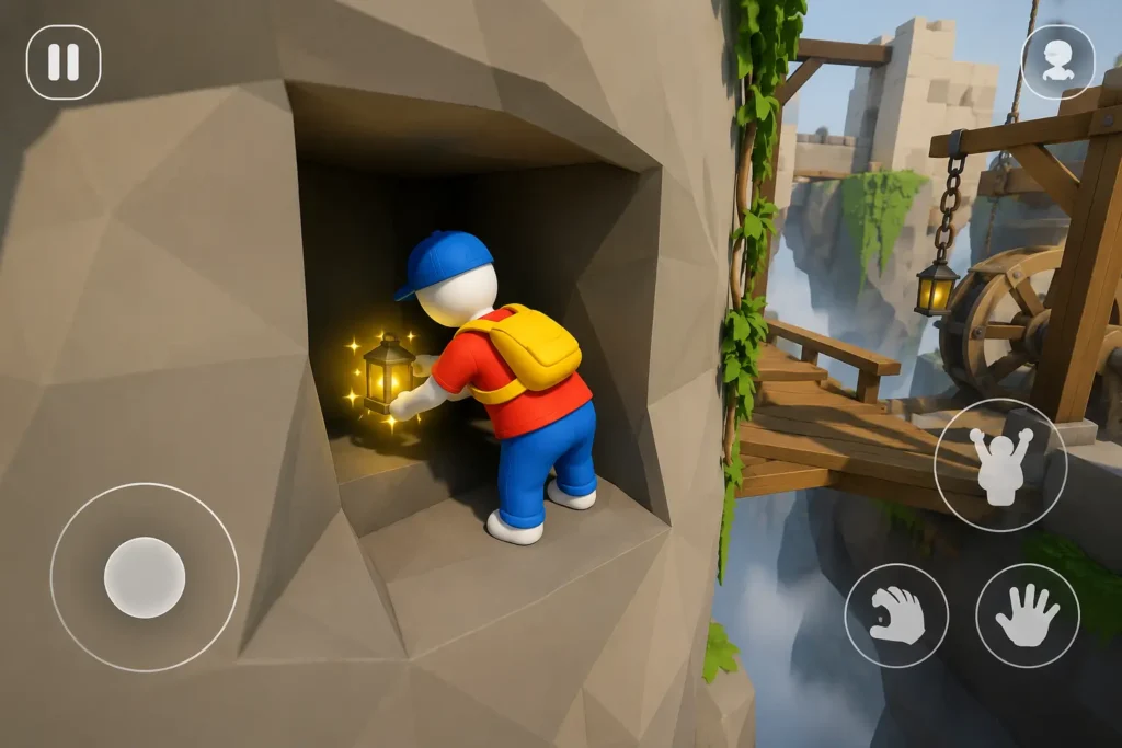 Human Fall Flat gameplay showing Bob collecting a hidden object inside a secret cave while exploring a colorful puzzle level on mobile.