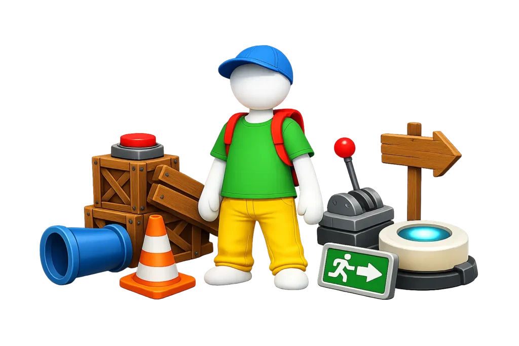 3D Human Fall Flat character standing with colorful game objects including wooden crates, a lever, traffic cone, blue pipe, exit sign, and platform on a transparent background.