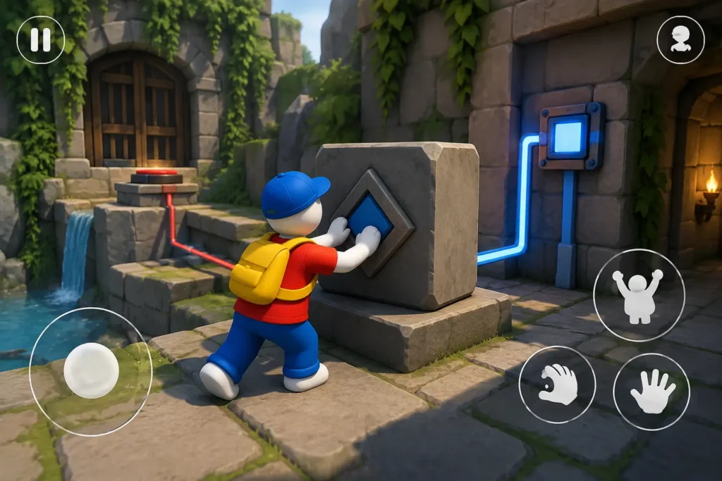 Human Fall Flat gameplay showing Bob pushing a large stone block to solve a puzzle and unlock the next area in a colorful level.