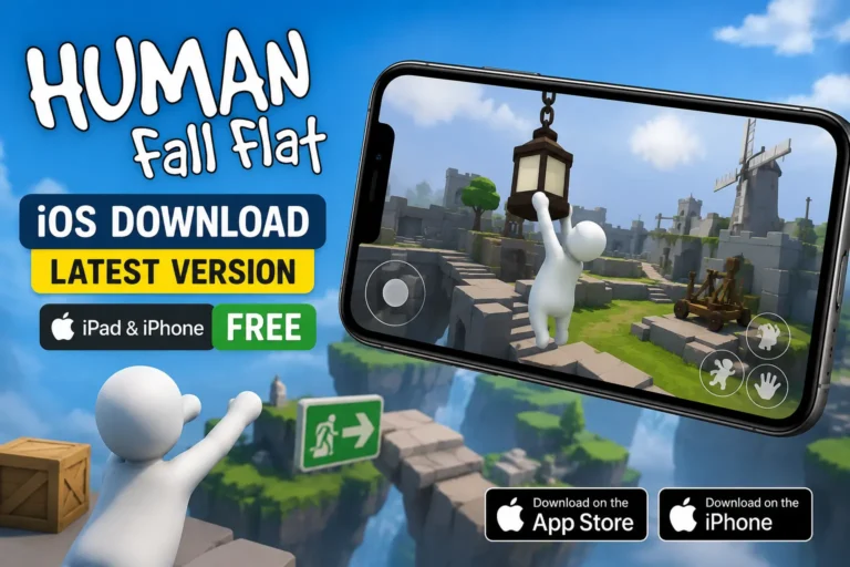 Human Fall Flat iOS Download Latest Version - (iPad and iPhone Free) 1 Featured image showing Human Fall Flat running on an iPhone, with Bob exploring a colorful floating puzzle world, alongside Human Fall Flat iOS Download Latest Version text for iPhone and iPad.
