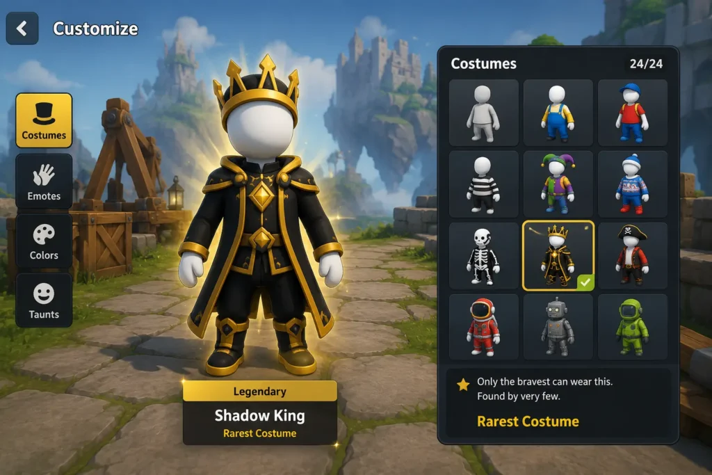 Human Fall Flat customization screen showing Bob wearing a rare legendary black and gold costume with a crown and premium outfit selected.
