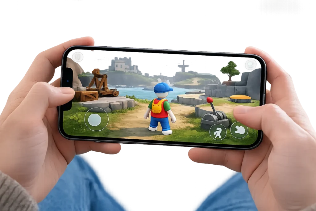 Person playing Human Fall Flat on an iPhone in landscape mode, with the game open on the screen showing Bob exploring a colorful puzzle level.